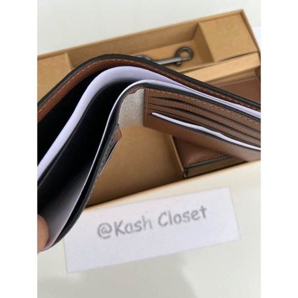 Coach Boxed 3 in 1 Men's Wallet With Trigger Snap Key Fob - Dark Saddle - Picture 7 of 9